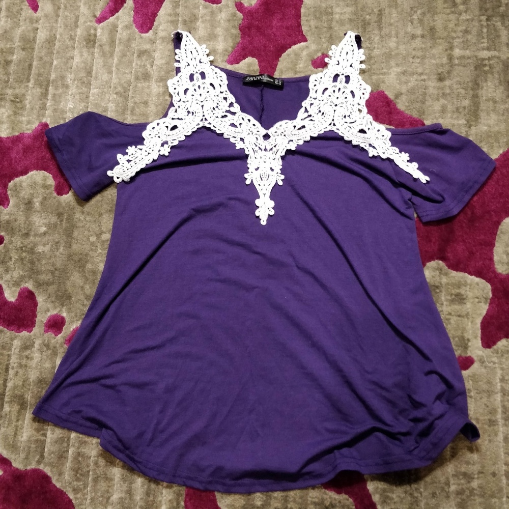 Cold Shoulder Purple Top with White Lace - Size 10